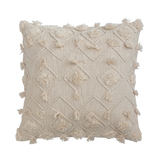 Cream Tufting &#x26; Fringe Diamond Embroidery Cotton Slub Pillow Cover
